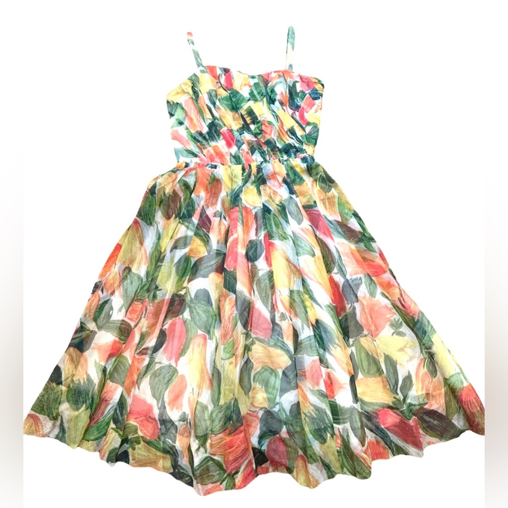 Vtg 60’s HELEN ROSE Salon Floral Tulip Green Orange Chiffon Evening Gown Dress S